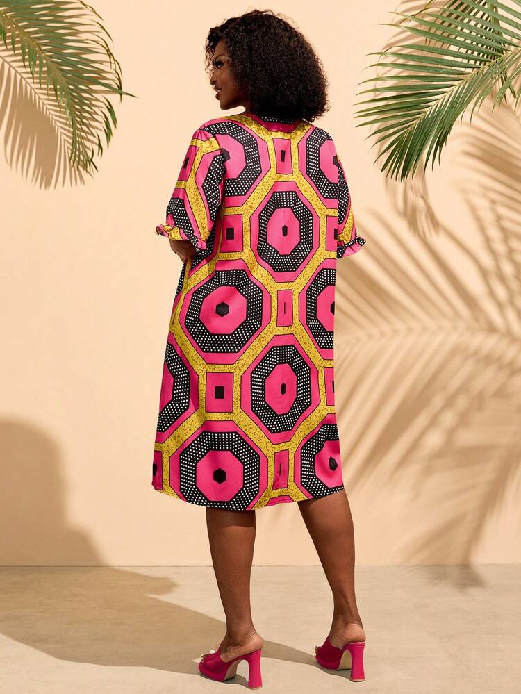 Plus Size Women Geometric Print Round Neck Loose Casual Dress Summer Dress Summer Outfits For Women Spring Clothing Spring Outfit Beach Outfits For Women Vacation Outfits Women Summer Holiday Outfits Country Style For Women Festival Outfits For Women Casual Dresses For Women