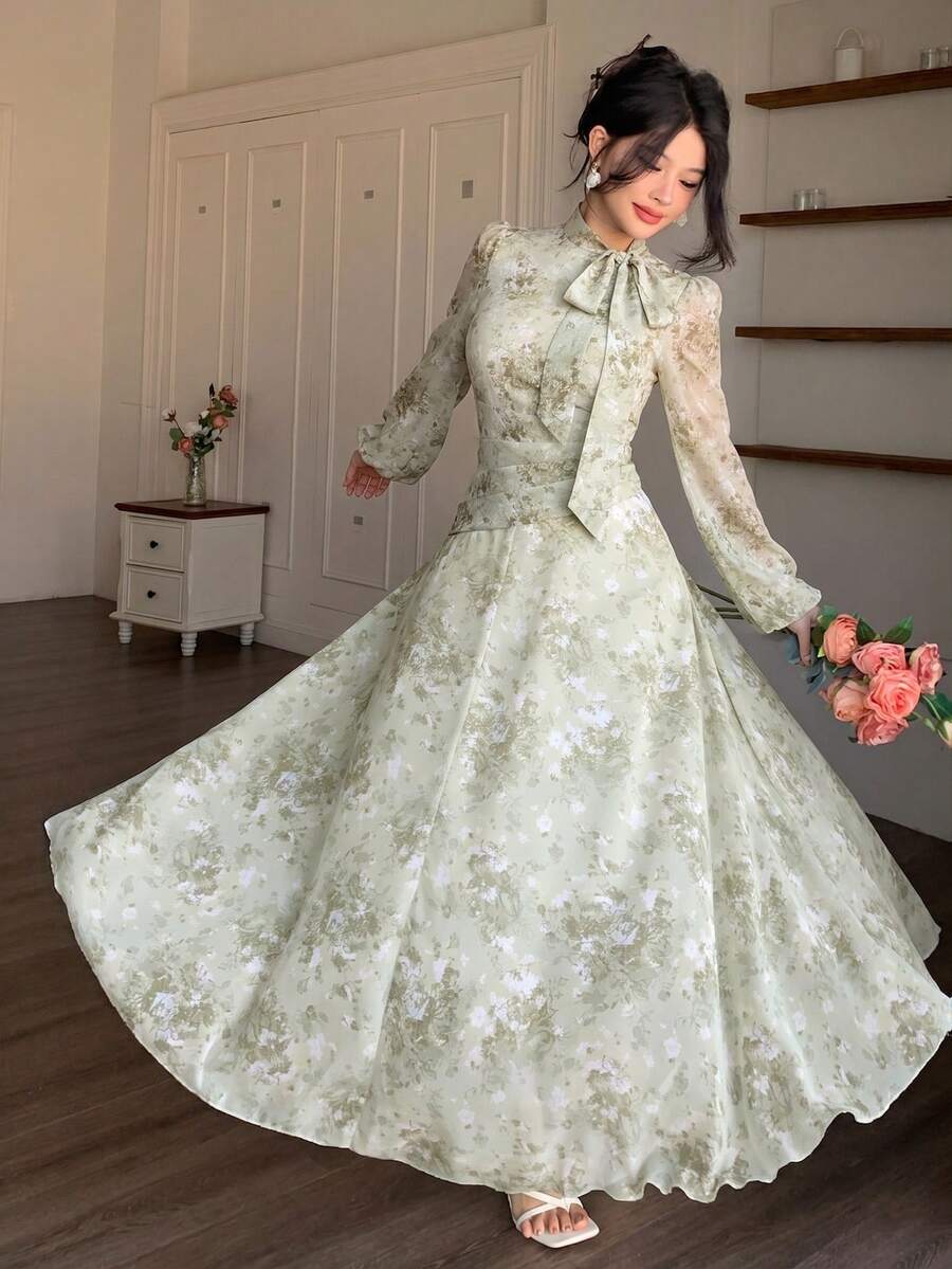 Modelyn 女士蓝色系带领褶皱腰身连衣裙,适合春秋季户外穿着 - 綠色 - 查看 1