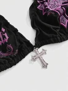ROMWE Y2k Sexy Gothic Cross Print Rhinestone Halter Bikini Top - Hot Pink - View 3