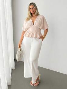 Auralis Plus Size Solid Color V-Neck Short Sleeve Waist-Cinching Ruffle Hem Summer Blouse Elegant Casual T-Shirt For Women Office Tea Party Beige - Apricot - View 4