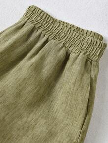 Rusticease Vintage Casual Solid Color Elastic Waist Women Pants - Green - View 4