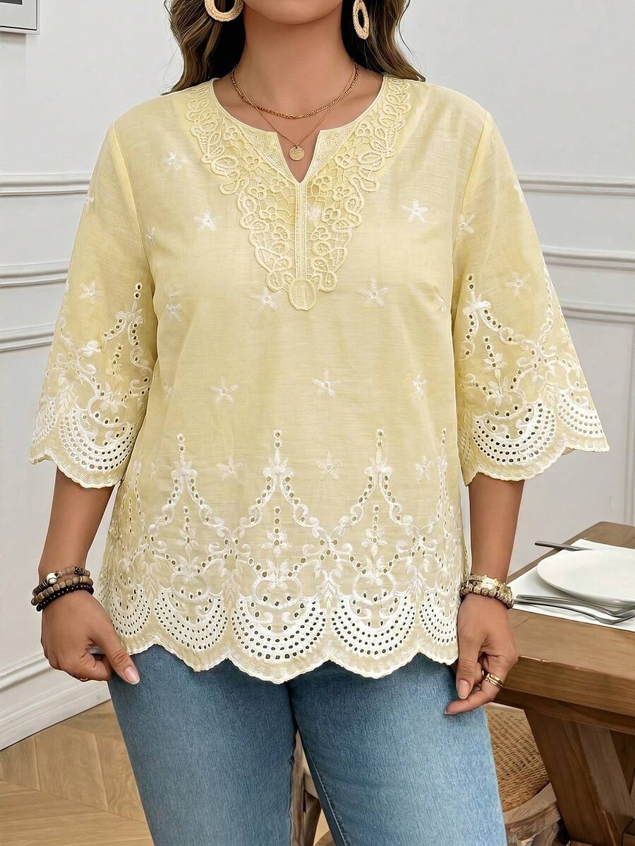 SHEIN LUNE Plus Size Women Contrast Lace Hollow Out Embroidery Short Sleeve Blouse - Light Yellow - View 1
