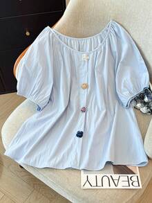 GlowEve CURVE Plus Size Women's French Fresh Casual Gentle Floral Decor Shirt, Suitable For Commuting, Summer Outing, Home Leisure, And Daily Wear - Blue - View 1