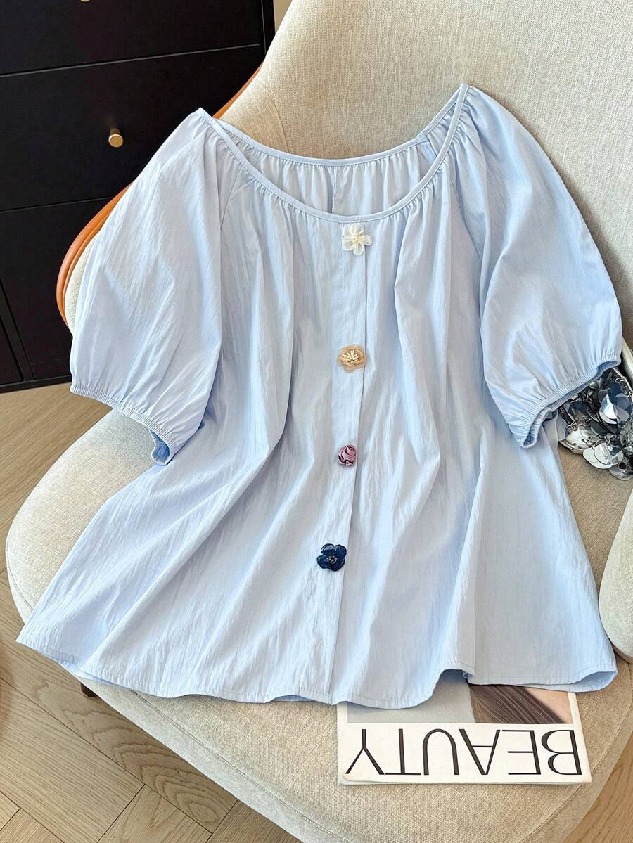 GlowEve CURVE Plus Size Women's French Fresh Casual Gentle Floral Decor Shirt, Suitable For Commuting, Summer Outing, Home Leisure, And Daily Wear - Blue - View 1