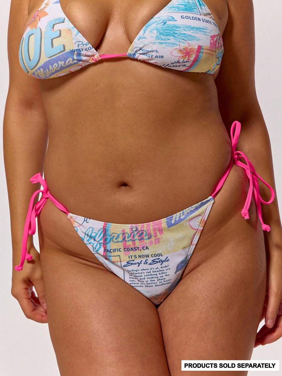 MUSERA Braguita de bikini de talla grande con estampado gráfico y lazos laterales en contraste, solo la Bottom, para primavera, verano, vacaciones, playa, estilo coolgirl, Ibiza, festival, traje de baño blanco total - Multicolor - Ver 1