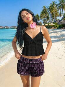 Sweetina Quần short nữ cạp thấp, họa tiết chấm bi, viền bèo nhún, kiểu dáng thường ngày. - Hồng - Xem 1