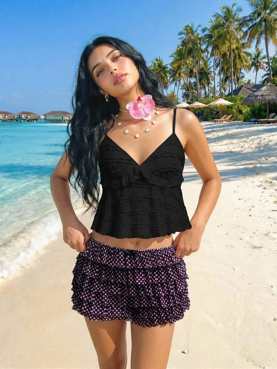 Sweetina Quần short nữ cạp thấp, họa tiết chấm bi, viền bèo nhún, kiểu dáng thường ngày. - Hồng - Xem 1