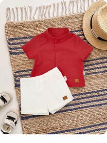 Set Baju Lengan Pendek dan Celana Pendek Pinggang Elastis Gaya Sekolah Kasual Lucu untuk Bayi Laki-laki Baru Lahir - Red and White - View 9