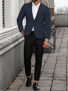 Manfinity Mode Men's Plus Size Single-Breasted Business Casual Blazer, Ceremony, Formal - Navy Blue - View 4