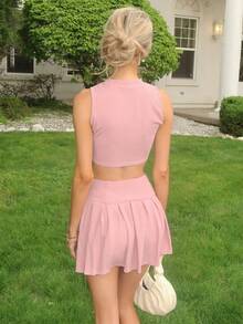 Sydney Algeri Women's Casual Solid Color Round Neck Cropped Tank Top And Pleated Mini Skirt 2pcs Set, Summer Pink - Pink - View 2