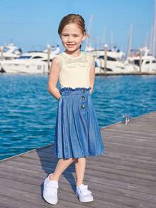 SHEIN Young Girls Solid Color Sleeveless Round Neck Tank Top - Yellow - View 5