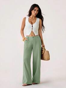 SHEIN PETITE 100% Washed Cotton Low Waist Straight Pants ,Petite Women - Mint Green - View 5