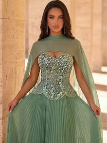 Glamrae Đầm chiffon cao cấp, sang trọng, thanh lịch, đính sequin, thiết kế cúp ngực, eo thấp, chân váy rộng, khăn choàng rời với tay áo dài loe rộng, thêu hạt cườm thủ công, dây buộc điều chỉnh, phù hợp cho mọi dịp trang trọng, đầm dạ hội trang trọng. - màu xanh lá - Xem 2