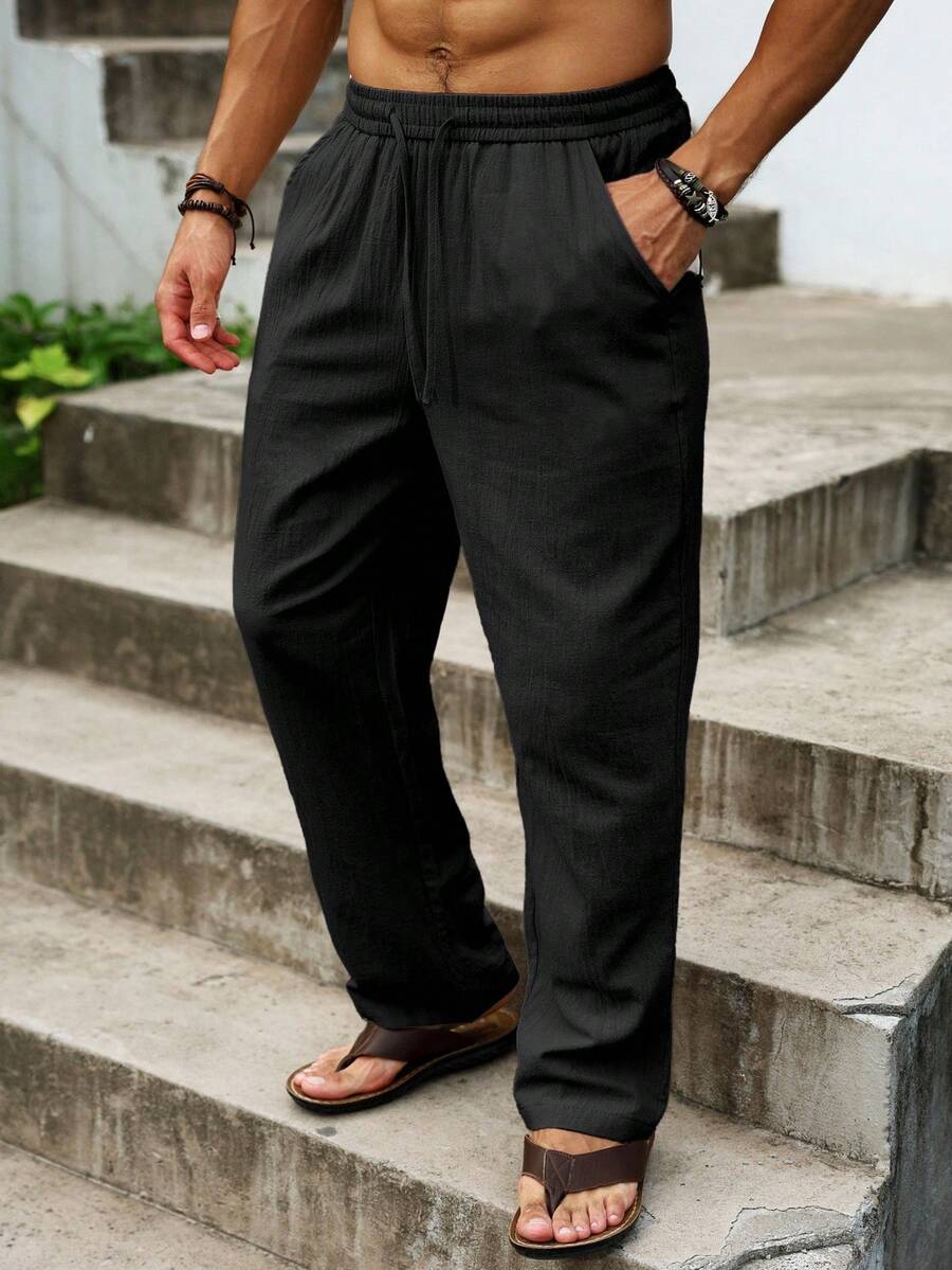 Palmeraft Pantalones casuales versátiles de uso diario para hombres de talla grande, de unicolor, de algodón, con cintura con cordón, para vacaciones y días festivos - Negro - Ver 1