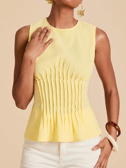 Travachic Pleated Solid Color Round Neck Waist Sleeveless Tank Top