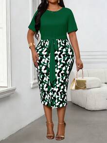 Villa Velisse Plus Size Colorblock Graphic Print Twist Front Round Neck Short Sleeve Dress Office Green Summer Elegant - Dark Green - View 5