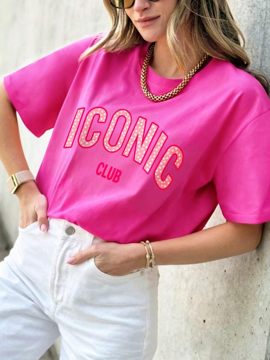 DrmWander Women's Summer Top Ciao Letter Design Comfortable Lightweight And Breathable Fabric Suitable For Spring And Seasons Pink And White Streetwear - Hot Pink - View 1