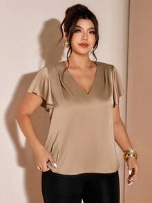 Cravure Plus Size Solid V-Neck Satin Fabric Elegant Short Sleeve Blouse, Spring/Summer - Khaki - View 6