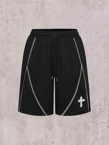 Skyrend Men's Contrast Stitching Elastic Waist Drawstring Casual Shorts Faith Over Fear Shorts Jesus Shorts Christian Shorts Men's Streetwear Shorts Cross Shorts Sport Shorts For Men Mesh Short For Men Christian Clothing Menemo Grunge - Black - View 2