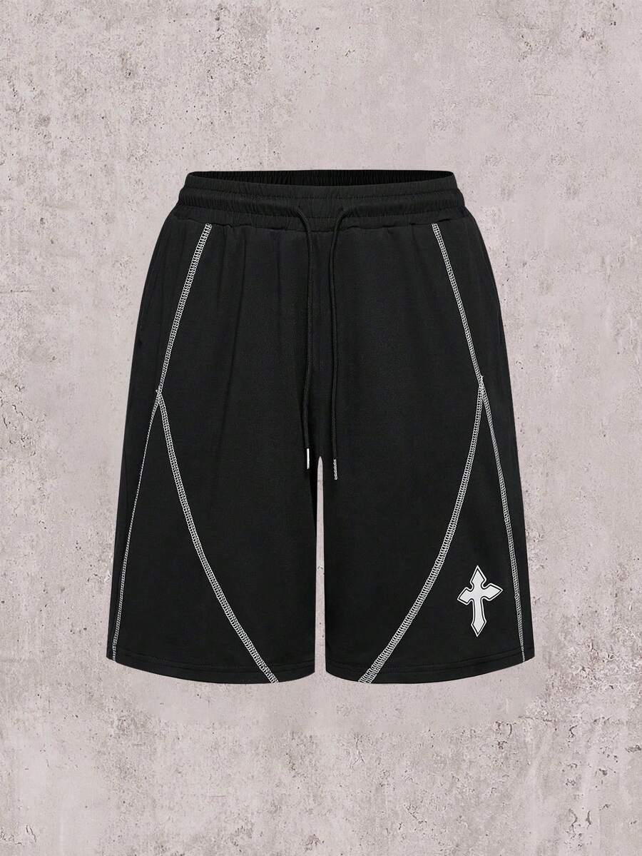 Skyrend Men's Contrast Stitching Elastic Waist Drawstring Casual Shorts Faith Over Fear Shorts Jesus Shorts Christian Shorts Men's Streetwear Shorts Cross Shorts Sport Shorts For Men Mesh Short For Men Christian Clothing Menemo Grunge
