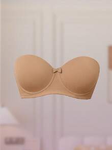 SHEIN Strapless Non-Slip Padded Bralette, Lift & Enhance Small Bust, Underwire Bra, Convertible Wear, Comes With Invisible Shoulder Straps - Khaki - View 3