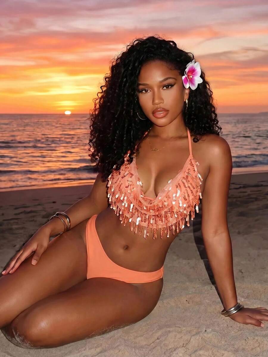 BamGleam 2026SS Women Swimwear Coral Peach,Summer,Casual,Beach,Holiday,Vacation,Sequin Tassel Sweet Cover Up Elegant Vintage Boho Y2K Music Festival Cocktail - Multicolor - View 1