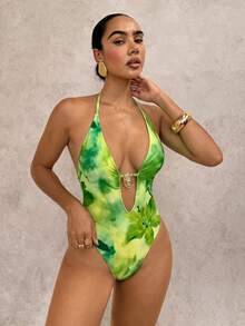 Swim Glamine 女士波西米亚性感炸弹印花连体泳衣 - 青檸色 - 查看 6