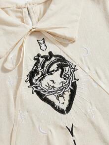 ROMWE Gothic Style Red Heart Embroidery Pattern Women's Mini Dress - Apricot - View 3
