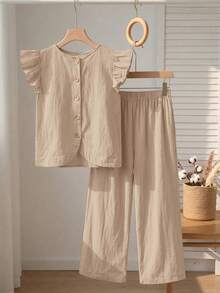 SHEIN 2pcs/Set Girls Casual Ruffle Trim Round Neck Blouse&Loose Woven Pants Set,Khaki,Suitable For Commuting,Parties,Shopping,Vacation,School - Khaki - View 6