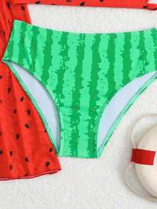 SHEIN Tween Girls 3 PiecesWatermelon Print Bikini Set,Knit Fabric Short Sleeve Rash Guard,Red,Summer,Cute,Beach,Holiday,Fashionable & Elegant,Swimming,Pool - Multicolor - View 6