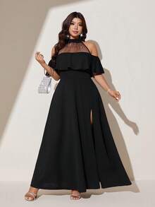 Viva Relle Plus Size Sexy Black Round Neck Halter Backless Sequin Mesh Patchwork Waist Dress For Women - Black - View 3