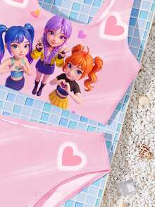 Sweet Girl Soft Pink, K-POP Cartoon Cute Girl & Heart Pattern, Tween Girl Casual Minimalist Tankini Swimsuit Set, Suitable For Summer - Multicolor - View 5