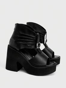 Sugerpunk Giày sandal cao gót đế xuồng gợi cảm thời trang dành cho nữ, kiểu dáng mùa hè thu, có khóa kéo phía sau, thích hợp cho lễ hội, tiệc tùng, kỳ nghỉ, hở mũi, đế dày, có túi xách. - màu đen - Xem 2