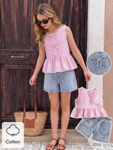 SHEIN Young Girls' Round Neck Sleeveless Ruffle Bow Decor Summer T-Shirt Set - Pink - View 3