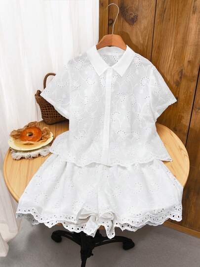 Elaquor Plus Size Solid Color Short Sleeve Embroidered & Laser Cut 2 Pieces Set, Summer