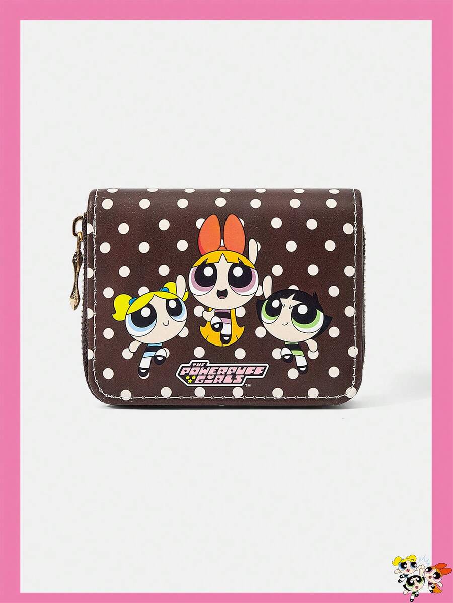 THE POWERPUFF GIRLS X SHEIN 米色波點飛翔女警圖案拉鍊錢包,多卡槽收納包,附零錢袋與輕量身分證夾,適合女性/女孩,可作為青少年、學生、教師禮物,亦可用於學校與商務名片包 - 咖啡棕 - 查看 1