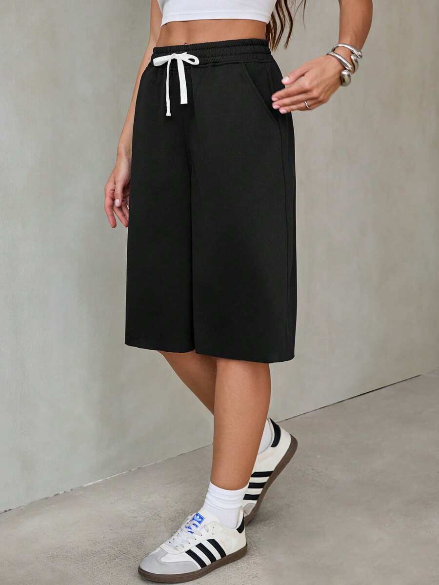 SHEIN Tall 女士印花简约日常裤 荷叶边裤 条纹裤 女士七分裤 - 黑色 - 查看 1