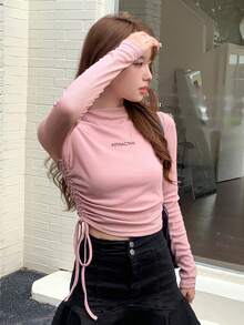 DAZY Letter Graphic Drawstring Side Mock Neck Tee,Fall Clothes Long Sleeve Women Tops - Pink - View 3