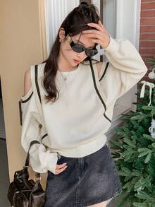 DAZY Women's Open Shoulder Long Sleeve Sweatshirt,Long Sleeve Tops,Fall Clothes,Back To School Clothes - Beige - View 5