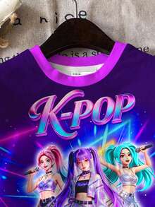 2件套少女休闲彩色渐变K-Pop明星卡通女团印花圆领短袖T恤和短裤套装，适合夏季穿着 - 彩色 - 查看 4
