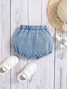 Baby Girl Washed Soft Denim Shorts, Comfortable For Daily Wear And Vacation - Light Wash - View 2