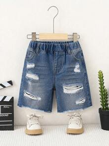 Quần short denim mùa hè mới cho bé trai, phong cách đường phố thời trang, hiệu ứng giặt xanh, chi tiết rách mài, thiết kế cạp chun thoải mái và phong cách, dễ phối đồ cho nhiều dịp, quần short denim mùa hè - Rửa nhẹ - Xem 4