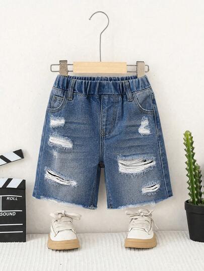 Boys' Summer New Denim Shorts, Fashionable Street Style, Light Blue Washed Effect, Distressed Ripped Details, Elastic Waistband Design For Comfort And Style, Versatile Fit For Various Outfits, Boys' Summer Denim Shorts