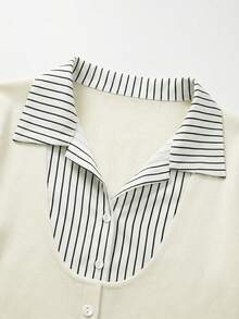 SHEIN Franclia 女士条纹拼接 Polo 领短袖 T 恤，印花通勤休闲短袖衬衫领纽扣上衣，2026 春夏新款上衣 - 杏色 - 查看 4