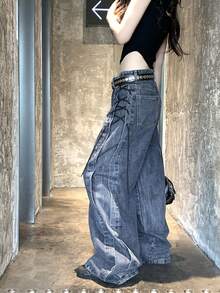 DAZY Celana Jeans Wanita Model Lebar dengan Desain Ikat dan Kancing, Kasual, Serbaguna untuk Pemakaian Sehari-hari - Biru - View 3