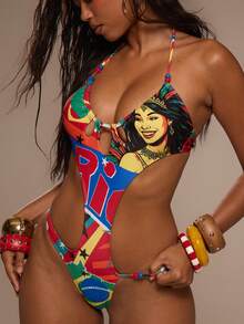 Musera Resort Graphic Print Rio Cut Out Swimsuit Bathing Suit Summer Vacation Holiday Festival Rave Beach Carnival - Multicolor - View 6