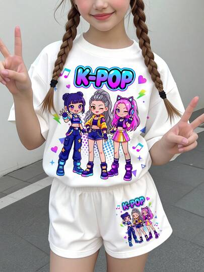 Mädchen Casual Cartoon Mädchen Portrait Grafik T-Shirt und Shorts 2-teiliges Set, cremeweiß, K-Pop Superstars, geeignet für den Sommer