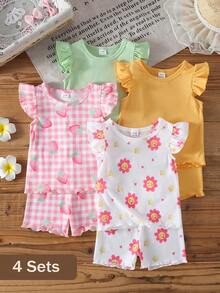 SHEIN 8件組/女嬰(0-3歲)白色夏季可愛度假格紋向日葵草莓短袖背心T恤上衣與短褲 8件4套裝 - 彩色 - 查看 3