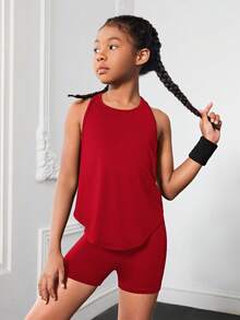SHEIN Tween Girls' Casual Solid Color Racerback Tank Top And Shorts Set, Summer - Red - View 5