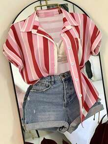INAWLY Women's Summer Casual Vacation Colorblock Striped Print Batwing Sleeve Shirt - Multicolor - View 5